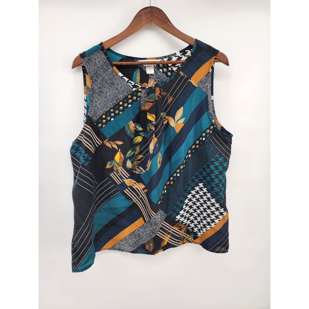 Christopher‎ & Banks XL Women Sleeveless Mixed Print Geometric Shell Blouse Teal